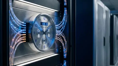 Precisie-atoomklok in serverrack omringd door lichtgevende glasvezelkabels in een professioneel datacenter met navy en zilver tinten.