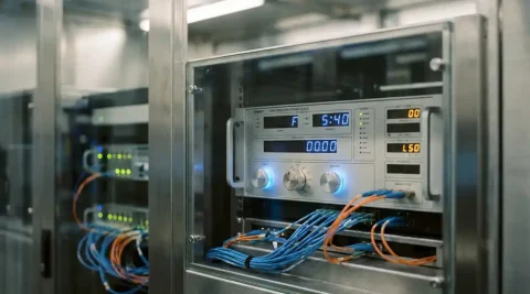 Precisie-atoomklok in serverrack met glasvezelkabels naar een verlicht edge computing-knooppunt op de achtergrond.
