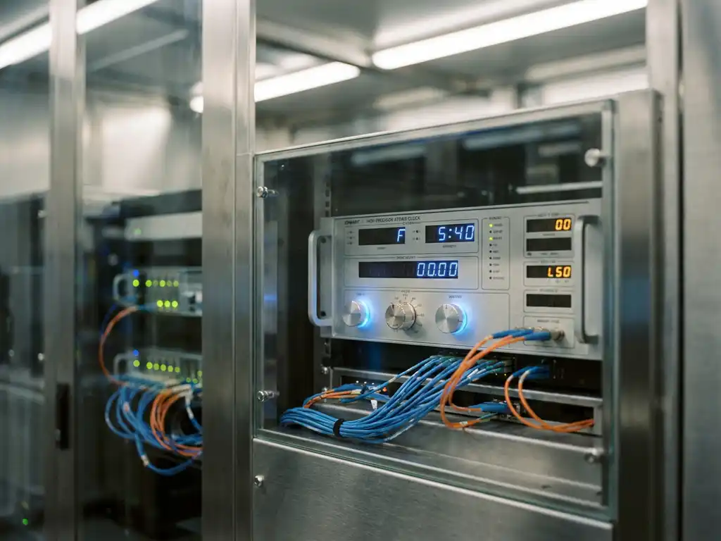 Precisie-atoomklok in serverrack met glasvezelkabels naar een verlicht edge computing-knooppunt op de achtergrond.