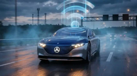 Autonoom voertuig op regennat snelweg bij schemering, verbonden via 5G-signalen met zendmasten aan de horizon.