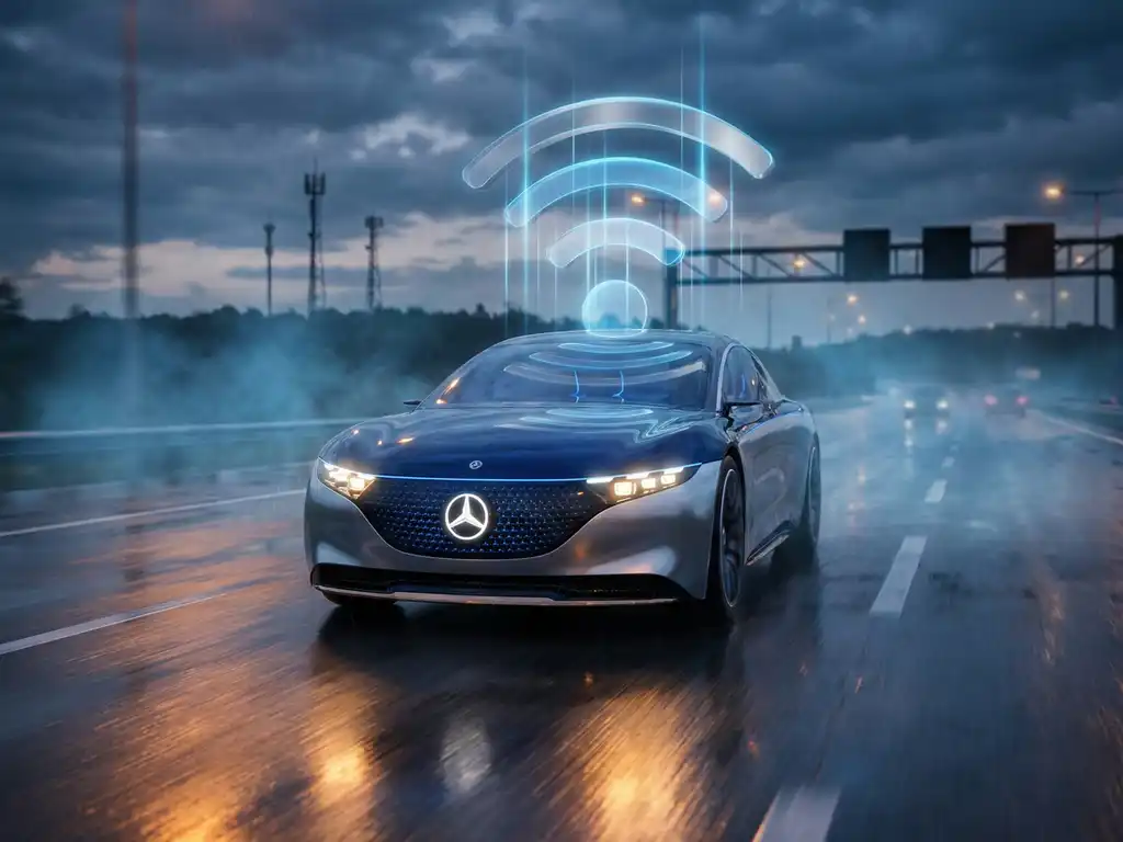 Autonoom voertuig op regennat snelweg bij schemering, verbonden via 5G-signalen met zendmasten aan de horizon.