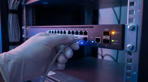 Technicianshand die een beheerkabel aansluit op een rackmount fiber switch in een donkere serverrack met amber waarschuwingslichten.