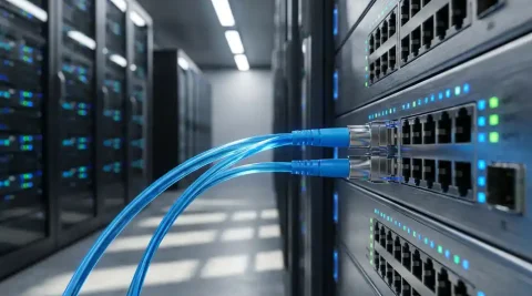 Glasvezelkabel aangesloten op rack-mounted netwerkswitch in datacentergang, met rijen knipperende indicatorlampjes op de achtergrond.