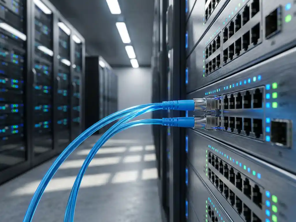 Glasvezelkabel aangesloten op rack-mounted netwerkswitch in datacentergang, met rijen knipperende indicatorlampjes op de achtergrond.