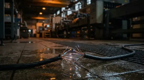 Doorgesneden ethernetkabel met vonkende koperen draden op natte industriële vloer, stilgevallen productielijn op de achtergrond.