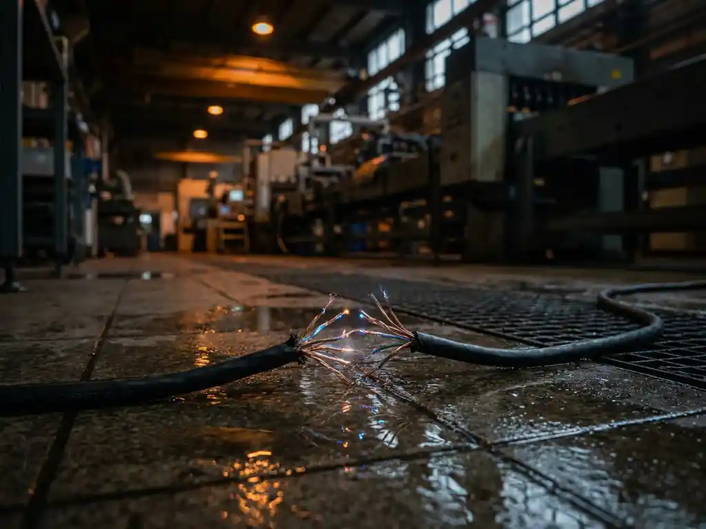 Doorgesneden ethernetkabel met vonkende koperen draden op natte industriële vloer, stilgevallen productielijn op de achtergrond.