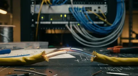 Beschadigde glasvezelkabel met zichtbare knik en stressbreuk, zwak licht doorgeleid via de gecompromitteerde vezel op een technische werkbank.