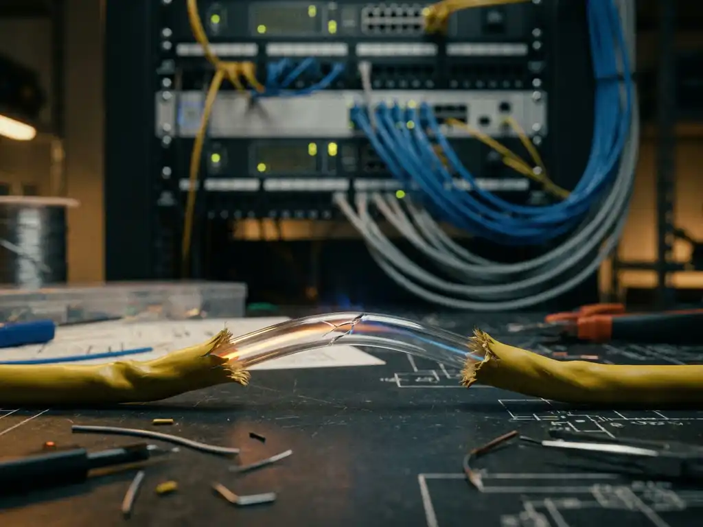 Beschadigde glasvezelkabel met zichtbare knik en stressbreuk, zwak licht doorgeleid via de gecompromitteerde vezel op een technische werkbank.