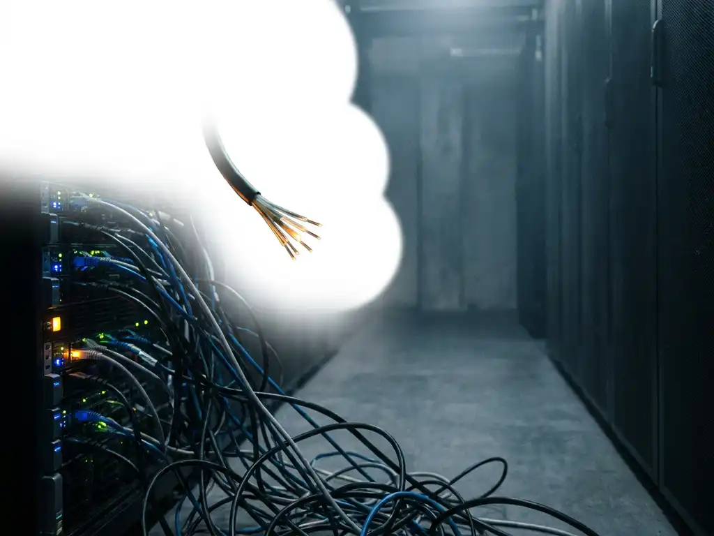 Doorgesneden glasvezelkabel met gloeiende vezels hangt voor een serverrek in een datacentergang, omhuld door staalblauwe mist en amberkleurig waarschuwingslicht.