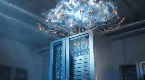 Serverrack met glasvezelkabels die oplichten richting een lichtgevende cloudvorm, blauwe en zilveren tinten in een donkere serverruimte.