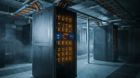 Serverrack met knipperende statuslichten in donkere datacenterhal, omgeven door oranje en grijze glasvezelkabels op kabelgoten.