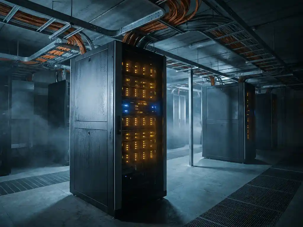 Serverrack met knipperende statuslichten in donkere datacenterhal, omgeven door oranje en grijze glasvezelkabels op kabelgoten.