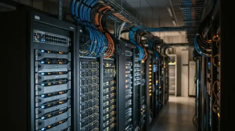 Moderne datacentergang met rijen high-density serverracks, georganiseerde bundels glasvezelkabels en gloeiende amber indicatielampjes.