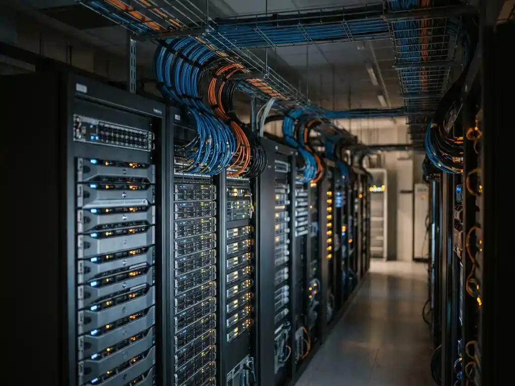Moderne datacentergang met rijen high-density serverracks, georganiseerde bundels glasvezelkabels en gloeiende amber indicatielampjes.
