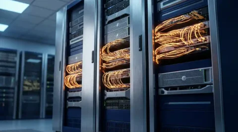 Drie serverrack-torens in een datacentergang, verbonden door gloeiende glasvezelkabels in marineblauw en staalgrijs licht.