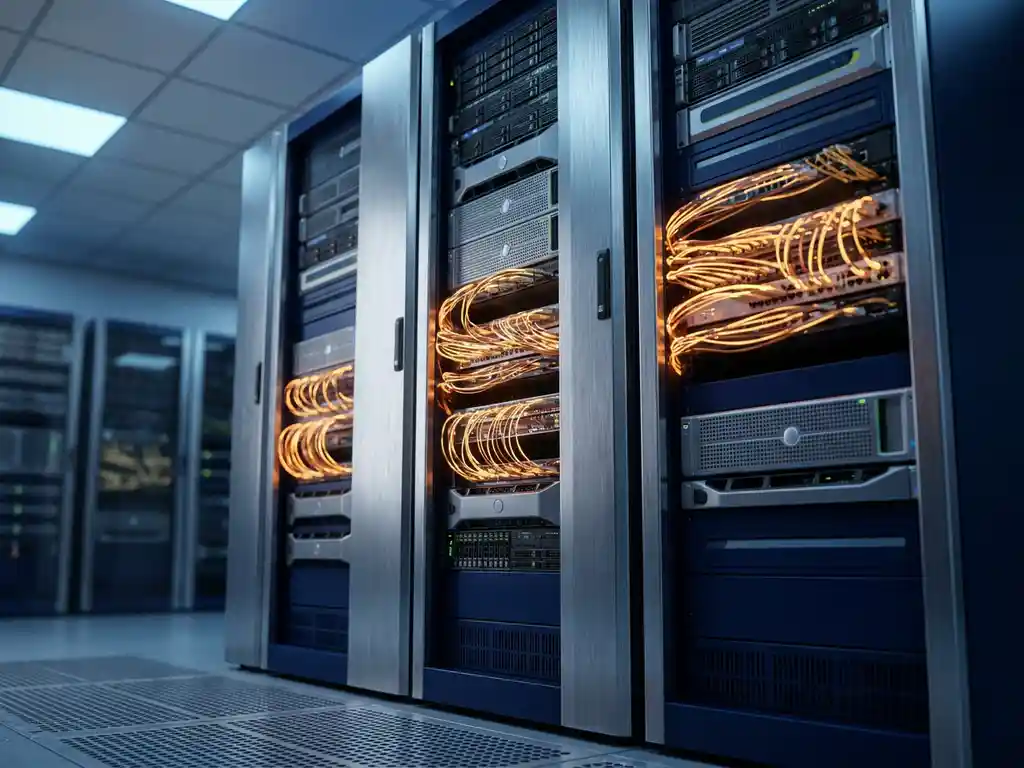 Drie serverrack-torens in een datacentergang, verbonden door gloeiende glasvezelkabels in marineblauw en staalgrijs licht.
