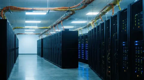 Serverrack-gang in datacenter met knipperende statuslampjes, oranje en gele glasvezelkabels in kabelgoten en blauw-wit TL-licht.