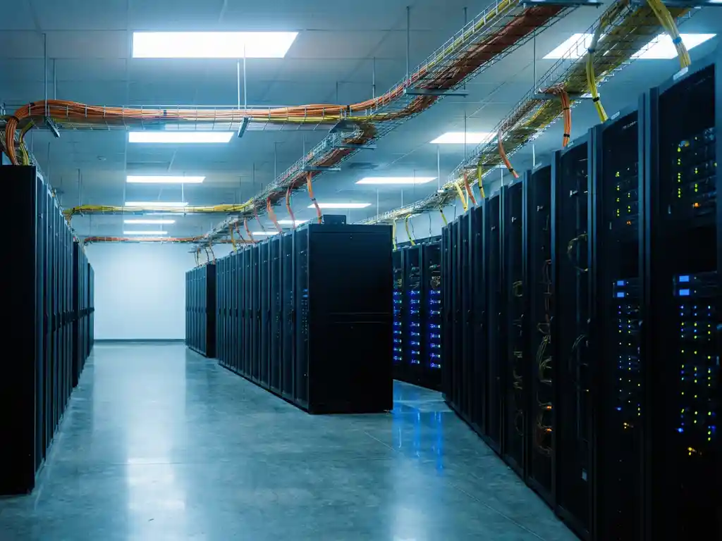 Serverrack-gang in datacenter met knipperende statuslampjes, oranje en gele glasvezelkabels in kabelgoten en blauw-wit TL-licht.
