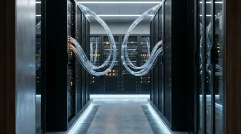 Serverracks in een datacentergang verbonden door gloeiende glasvezelkabels met blauwe lichtpulsen en oranje statusindicatoren.