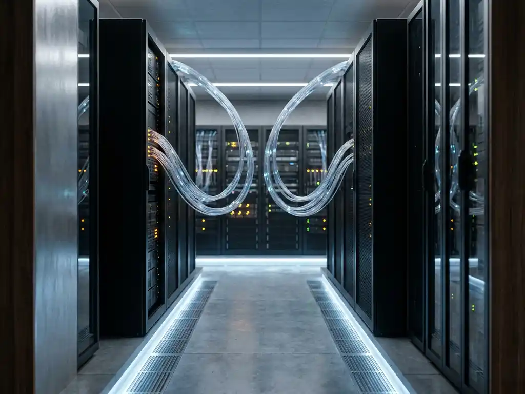 Serverracks in een datacentergang verbonden door gloeiende glasvezelkabels met blauwe lichtpulsen en oranje statusindicatoren.