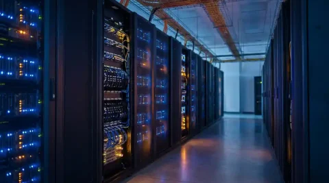 Serverracks met knipperende statuslichten in een datacentergang, met oranje en gele glasvezelkabels in kabelgoten en een open patchpaneel.