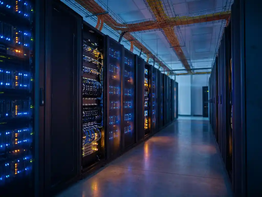Serverracks met knipperende statuslichten in een datacentergang, met oranje en gele glasvezelkabels in kabelgoten en een open patchpaneel.