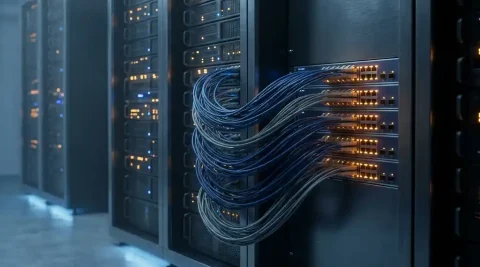 Serverracks in een datacenter met glasvezelkabels die vertakken naar afzonderlijke netwerkswitches, verlicht in marineblauw en staalgrijs met amber indicatielampjes.