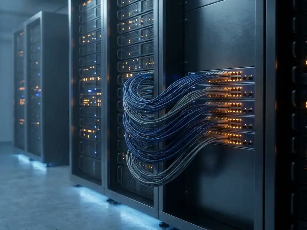 Serverracks in een datacenter met glasvezelkabels die vertakken naar afzonderlijke netwerkswitches, verlicht in marineblauw en staalgrijs met amber indicatielampjes.