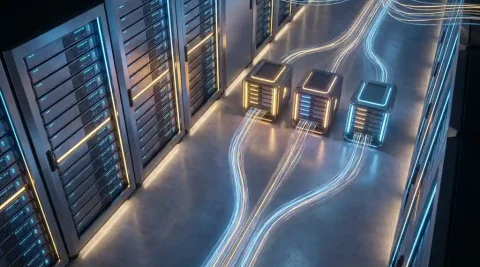 Serverracks in een datacenter verbonden door glasvezelkabels met gloeiende knooppunten in marineblauw en goudtinten.