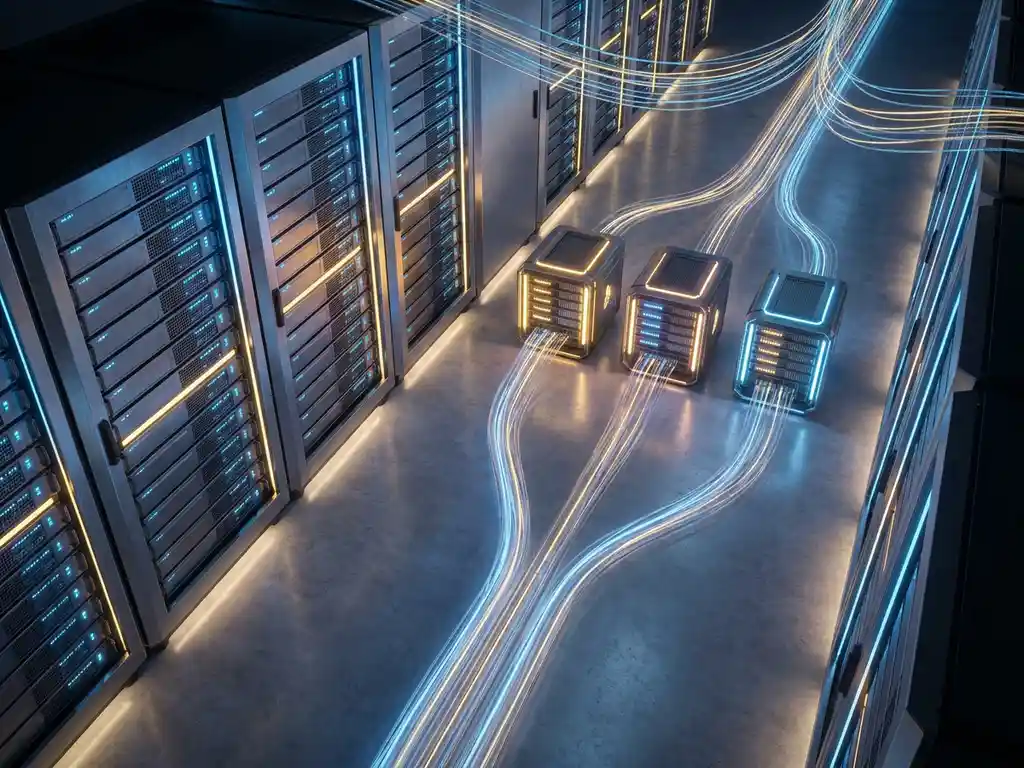 Serverracks in een datacenter verbonden door glasvezelkabels met gloeiende knooppunten in marineblauw en goudtinten.