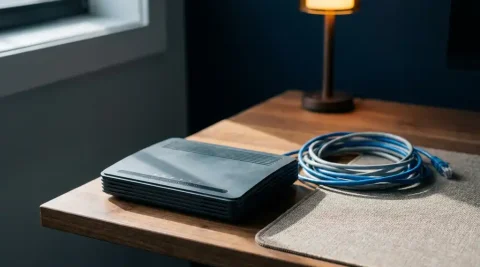 Uitgeschakelde draadloze router op kantoorbureau met donkere indicatielampjes en verstrengelde ethernetkabels ernaast.