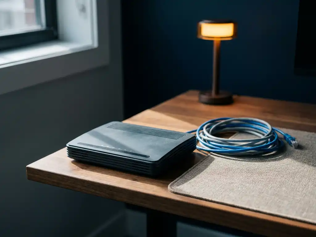 Uitgeschakelde draadloze router op kantoorbureau met donkere indicatielampjes en verstrengelde ethernetkabels ernaast.