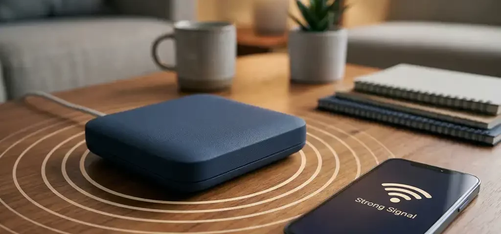 Draadloze router op houten bureau met concentrische signaalgolven, smartphone met sterke wifi-verbinding, warm sfeerlicht.