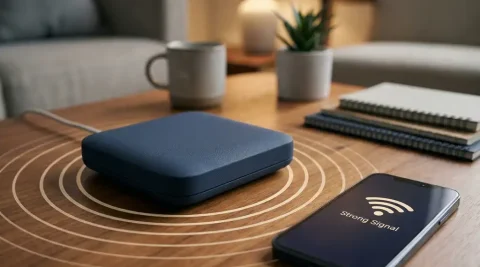 Draadloze router op houten bureau met concentrische signaalgolven, smartphone met sterke wifi-verbinding, warm sfeerlicht.