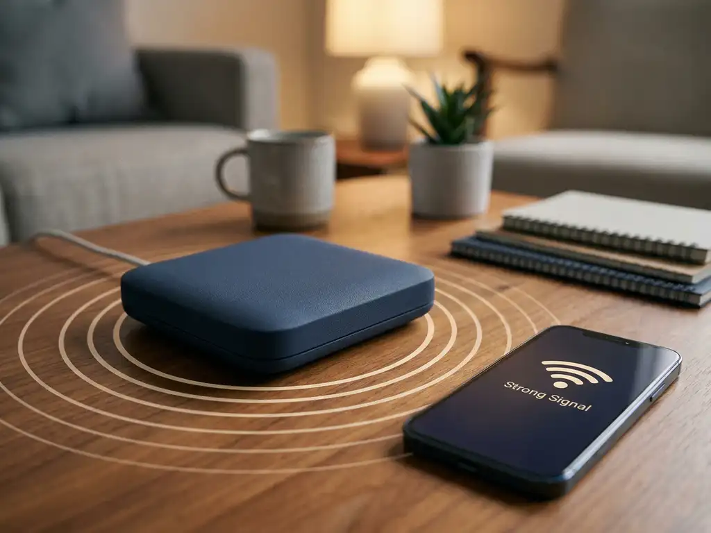 Draadloze router op houten bureau met concentrische signaalgolven, smartphone met sterke wifi-verbinding, warm sfeerlicht.