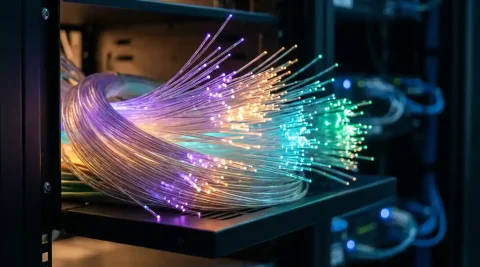 Bundel glasvezelkabels die uitwaaieren in gekleurde DWDM-golflengtekanalen — violet, amber, cyaan en groen — in een serverrack.