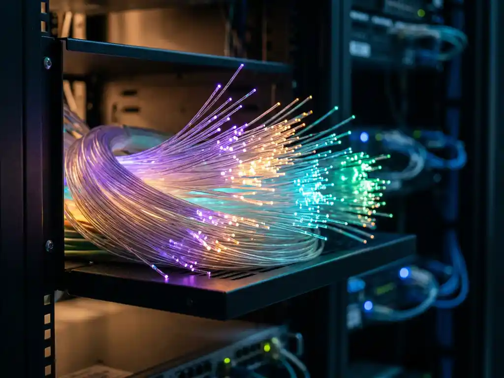 Bundel glasvezelkabels die uitwaaieren in gekleurde DWDM-golflengtekanalen — violet, amber, cyaan en groen — in een serverrack.