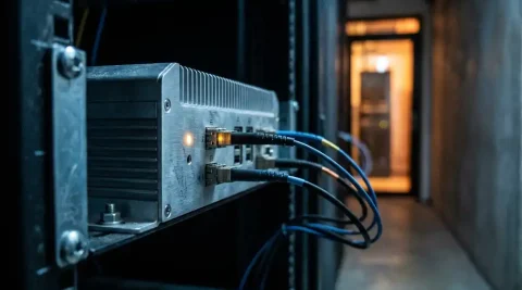 Compacte industriële edge computing server gemonteerd op stalen rack in donkere datacorridor met glasvezelkabels.