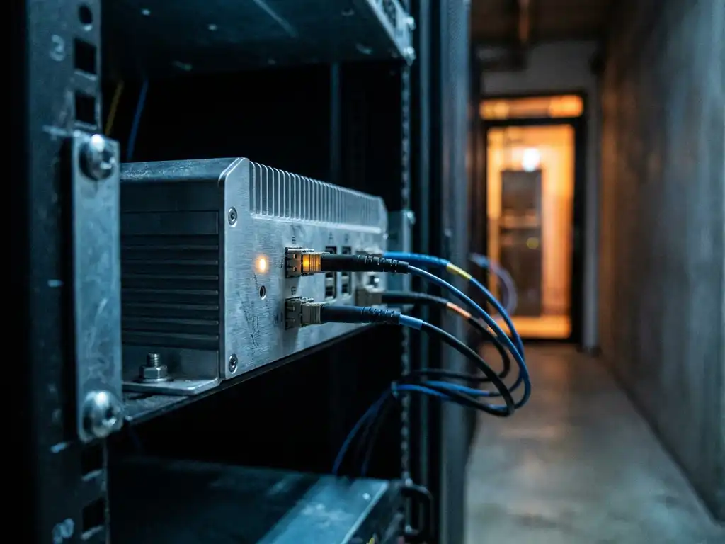 Compacte industriële edge computing server gemonteerd op stalen rack in donkere datacorridor met glasvezelkabels.