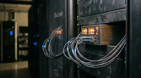 Industriële edge computing unit gemonteerd op serverrack in donkere datacentergang met uitwaaierende glasvezelkabels en blauw-amberkleurige verlichting.