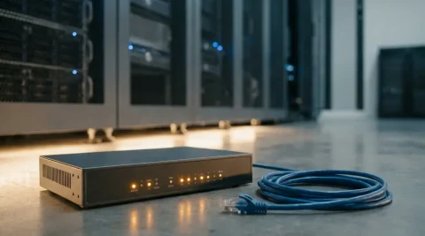 Enterprise Wi-Fi router met knipperende amber waarschuwingslichten op serverroomvloer, losse ethernetkabel ernaast.