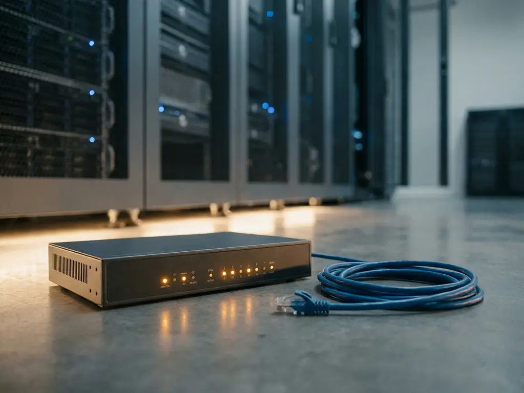 Enterprise Wi-Fi router met knipperende amber waarschuwingslichten op serverroomvloer, losse ethernetkabel ernaast.