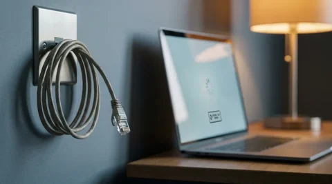 Stoftige losgekoppelde ethernetkabel hangt uit een kantoorwandcontactdoos, met een laptop op een bevroren laadscherm op de achtergrond.
