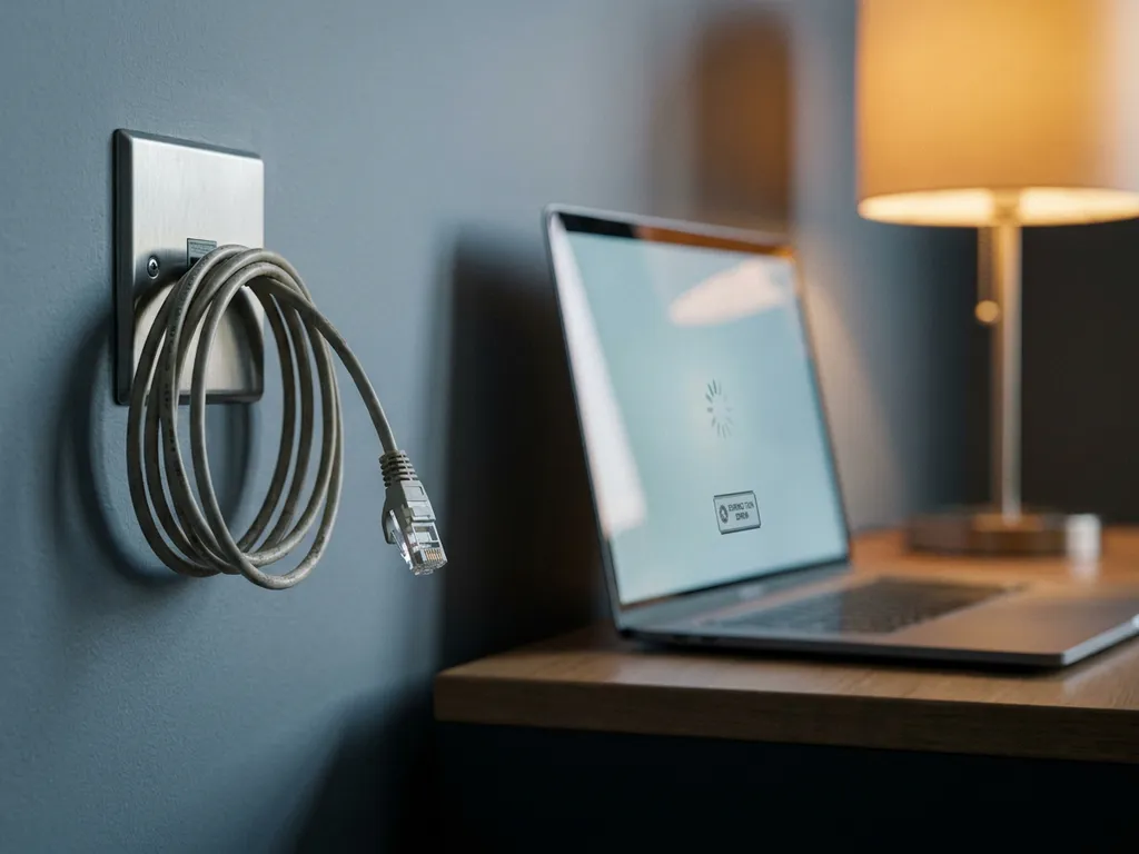 Stoftige losgekoppelde ethernetkabel hangt uit een kantoorwandcontactdoos, met een laptop op een bevroren laadscherm op de achtergrond.