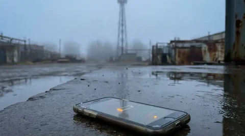 Smartphone zonder signaal op nat betonnen oppervlak, met vage zendmast in mistige verte en oranje waarschuwingslicht.