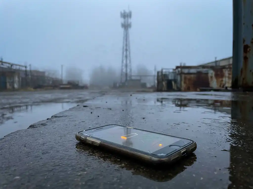 Smartphone zonder signaal op nat betonnen oppervlak, met vage zendmast in mistige verte en oranje waarschuwingslicht.