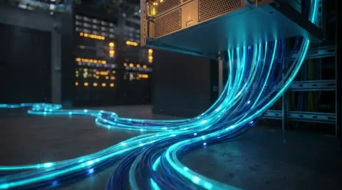 Gloeiende glasvezelbundel op de vloer van een serverruimte, met lichtpulsen door transparante stranden richting een plafondrek.