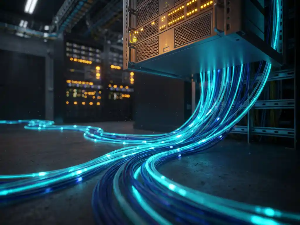Gloeiende glasvezelbundel op de vloer van een serverruimte, met lichtpulsen door transparante stranden richting een plafondrek.