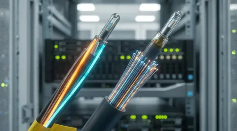 Twee glasvezelkabels in een serverrack, één met brede amber- en cyaangolflengten, de ander dichtgepakt met smalle spectrale kanalen voor hoge capaciteit.