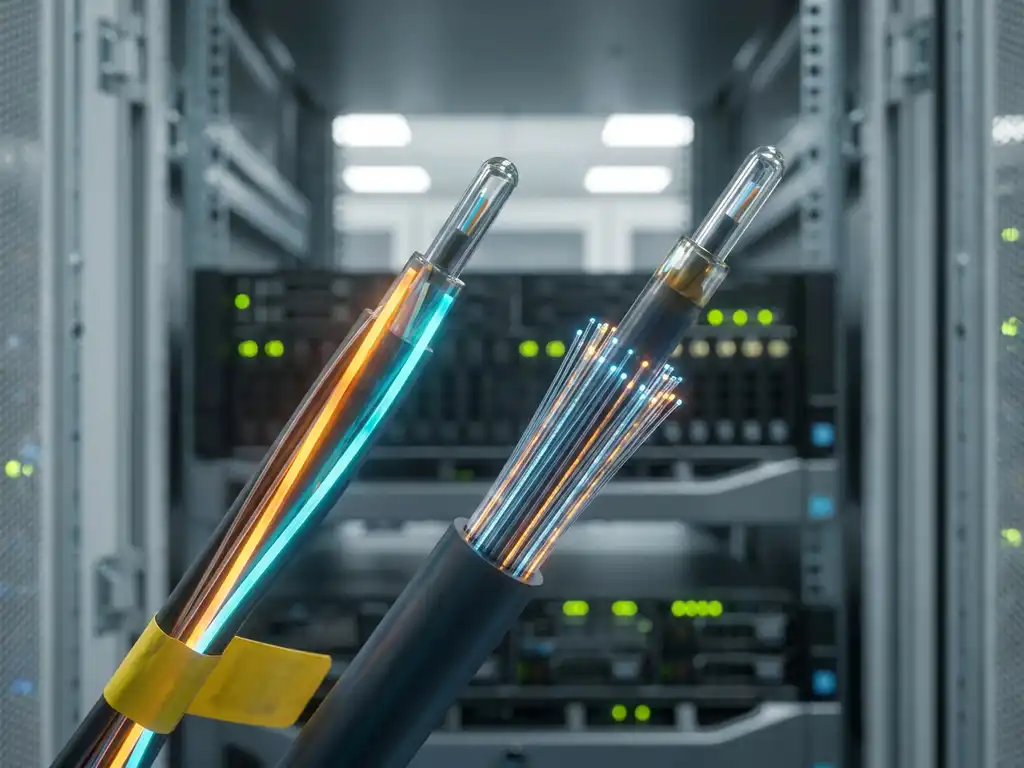 Twee glasvezelkabels in een serverrack, één met brede amber- en cyaangolflengten, de ander dichtgepakt met smalle spectrale kanalen voor hoge capaciteit.
